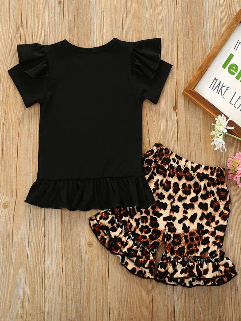 2 Stk Piger Letter Print Kortærmet Skjorte Top Leopard Shorts Sæt Tøj