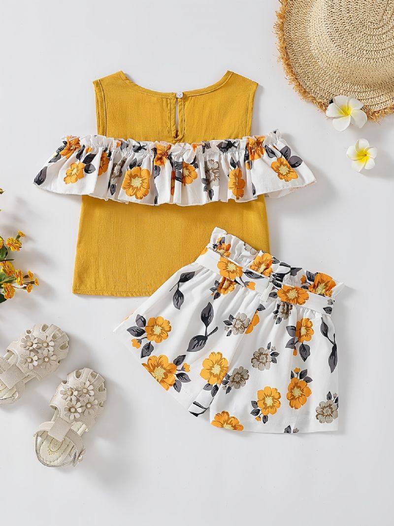 2 Stk Søde Piger Vintage Sæt Med Flæsede Blomster Print Ærmeløs Vest & Sløjfe Shorts Til Stranden