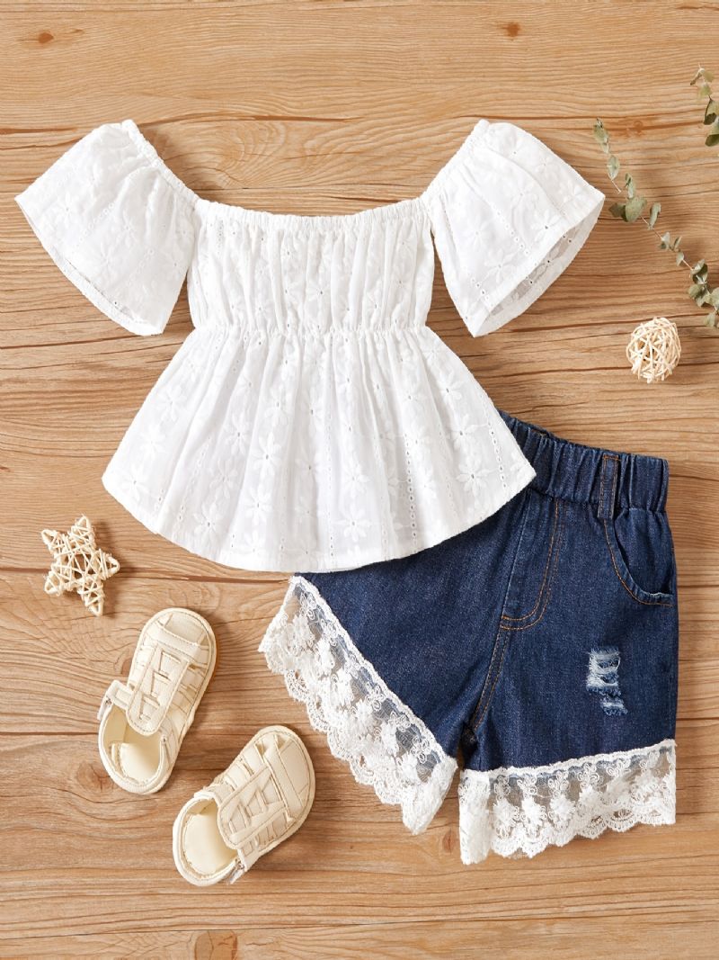 Baby Piger Off Shoulder Blonde Top + Denim Shorts Babytøj