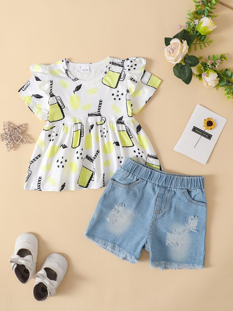 Babypiger Citronprint Flying Sleeve Kortærmet Top & Denim Shorts Sæt Sommer Outfit Børnetøj