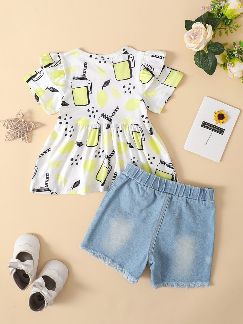 Babypiger Citronprint Flying Sleeve Kortærmet Top & Denim Shorts Sæt Sommer Outfit Børnetøj