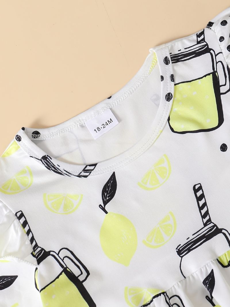 Babypiger Citronprint Flying Sleeve Kortærmet Top & Denim Shorts Sæt Sommer Outfit Børnetøj