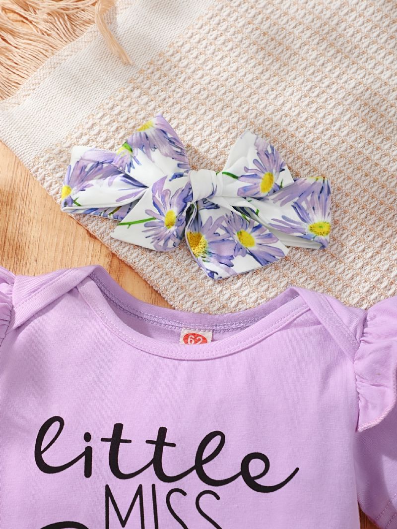 Babypiger Rulle Med Rund Hals Med Flæse + Blomsterprint Underdele Shorts + Pandebåndsæt Babytøj Bodysuit Onesie