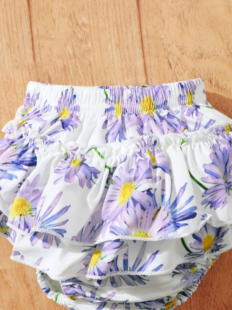 Babypiger Rulle Med Rund Hals Med Flæse + Blomsterprint Underdele Shorts + Pandebåndsæt Babytøj Bodysuit Onesie