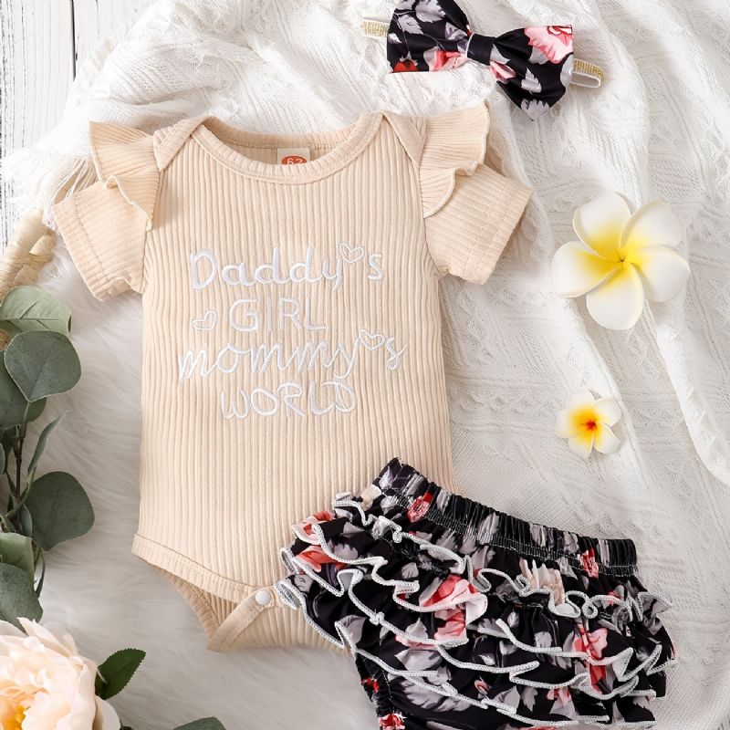 Babypiger Rulle Med Rund Hals Med Flæse + Blomsterprint Underdele Shorts + Pandebåndsæt Babytøj Bodysuit Onesie