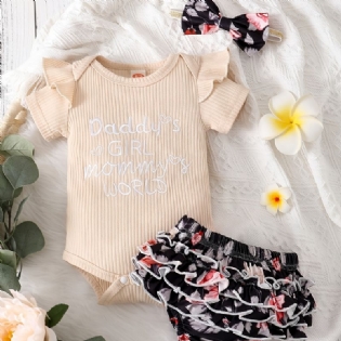 Babypiger Rulle Med Rund Hals Med Flæse + Blomsterprint Underdele Shorts + Pandebåndsæt Babytøj Bodysuit Onesie