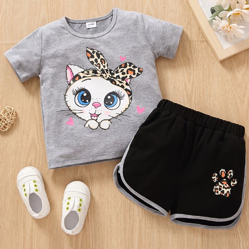 Babypiger Tegneserie Big Eye Cat Print T-shirt Top & Cat Paw Leopard Shorts Sæt Sommer Outfit Børnetøj