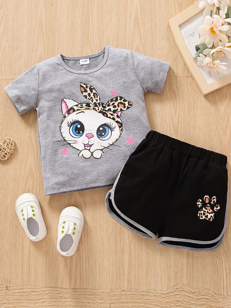 Babypiger Tegneserie Big Eye Cat Print T-shirt Top & Cat Paw Leopard Shorts Sæt Sommer Outfit Børnetøj