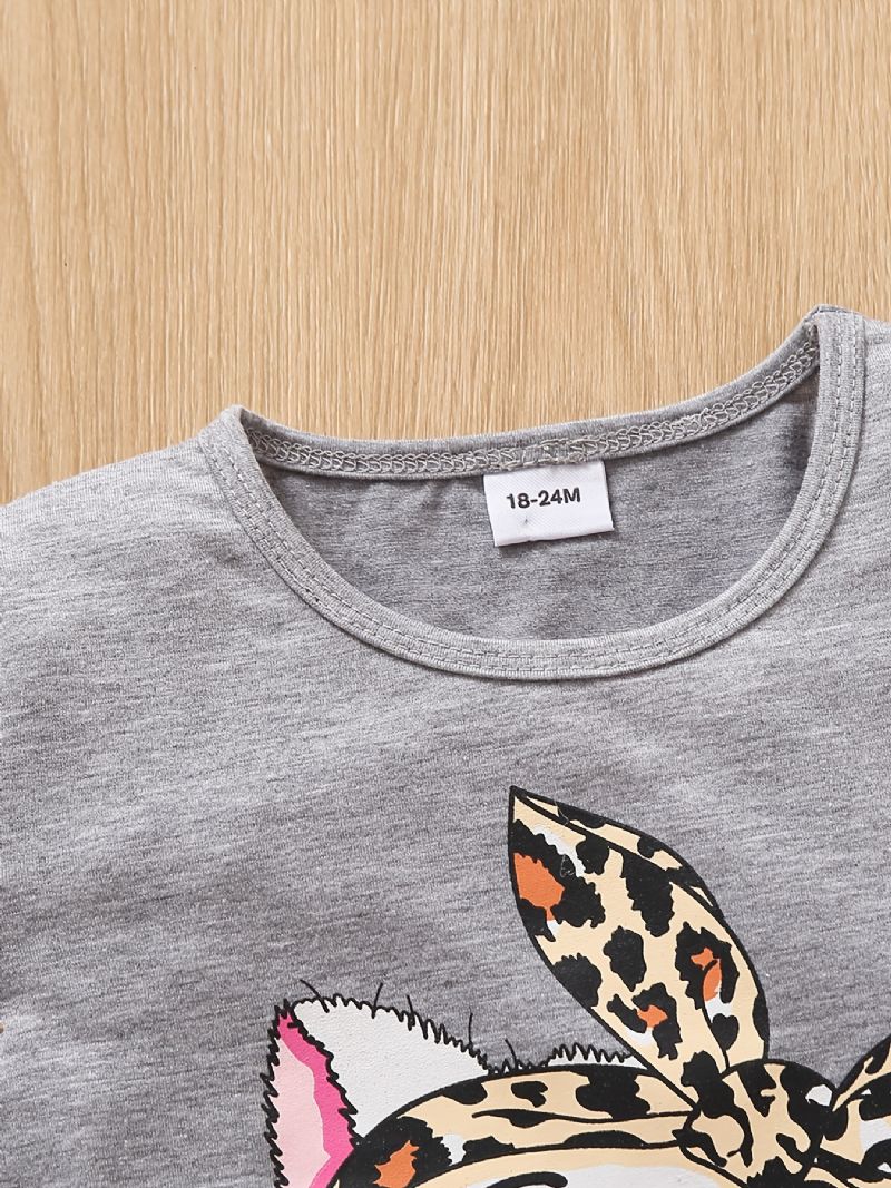 Babypiger Tegneserie Big Eye Cat Print T-shirt Top & Cat Paw Leopard Shorts Sæt Sommer Outfit Børnetøj