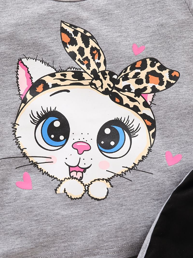 Babypiger Tegneserie Big Eye Cat Print T-shirt Top & Cat Paw Leopard Shorts Sæt Sommer Outfit Børnetøj