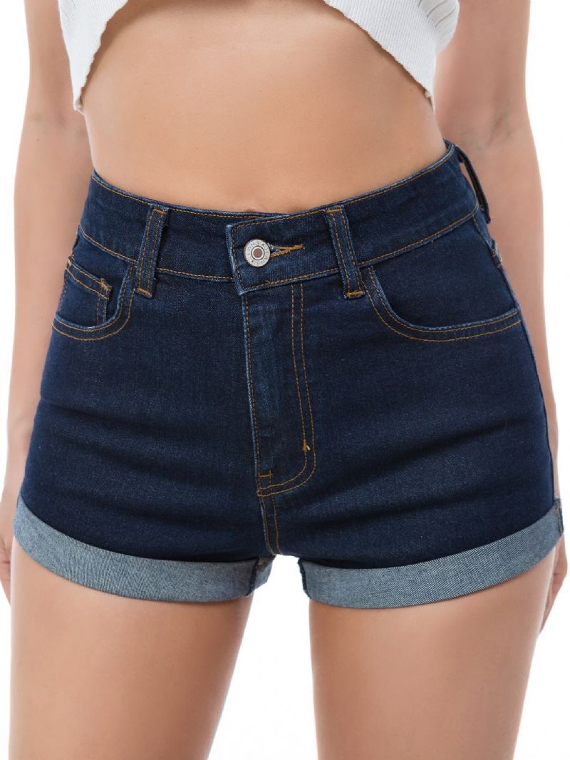 Kvinder Medium Stretch Højtalje Knap Flyve Skinny Denim Shorts Piger Solide