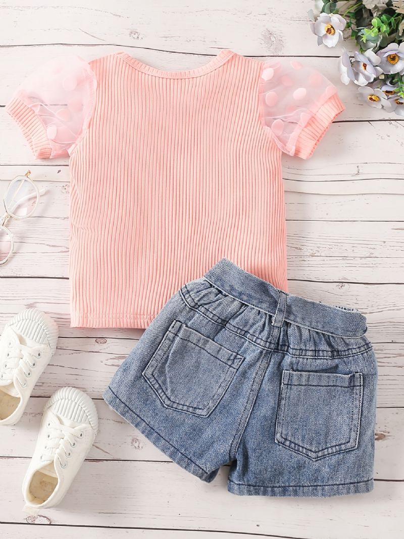 Piger Casual Ribbet Mesh Puff Sleeve Top & Bælte Denim Shorts