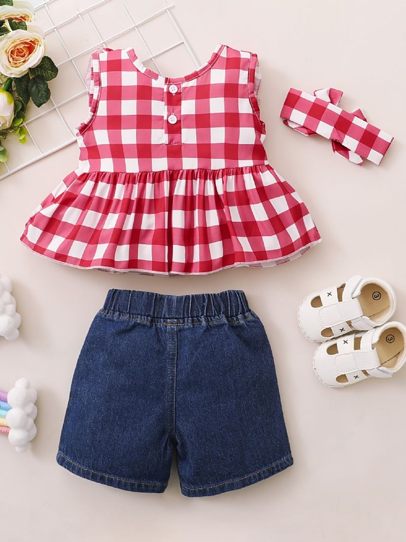 Piger Plaid Ærmeløs Top + Matchende Denim Shorts Underdele + Pandebånd Babytøj Jul