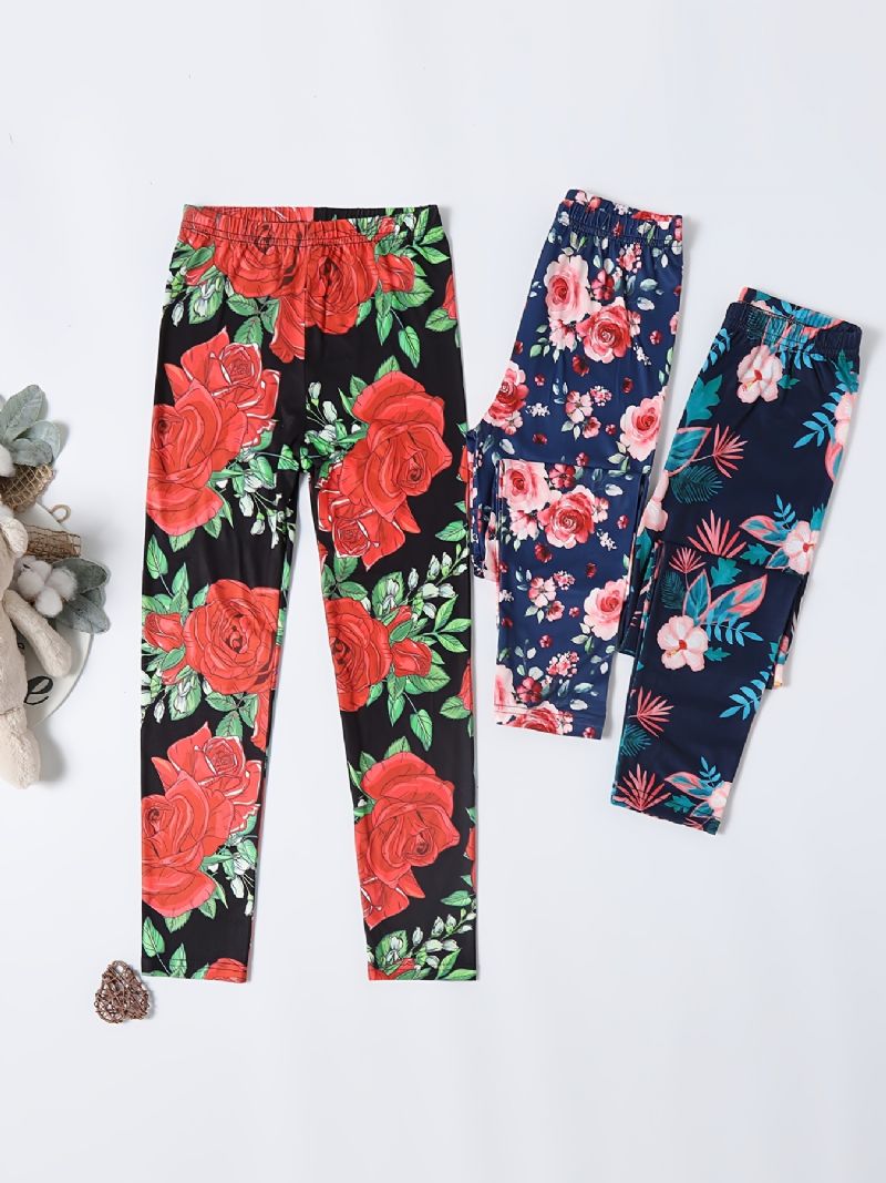 3 Stk Piger Casual Vintage Flower Print Leggings Til Vinter