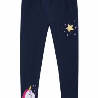 Babypiger Stretch Bløde Leggings Søde Unicorn Broderede Bukser Børnetøj