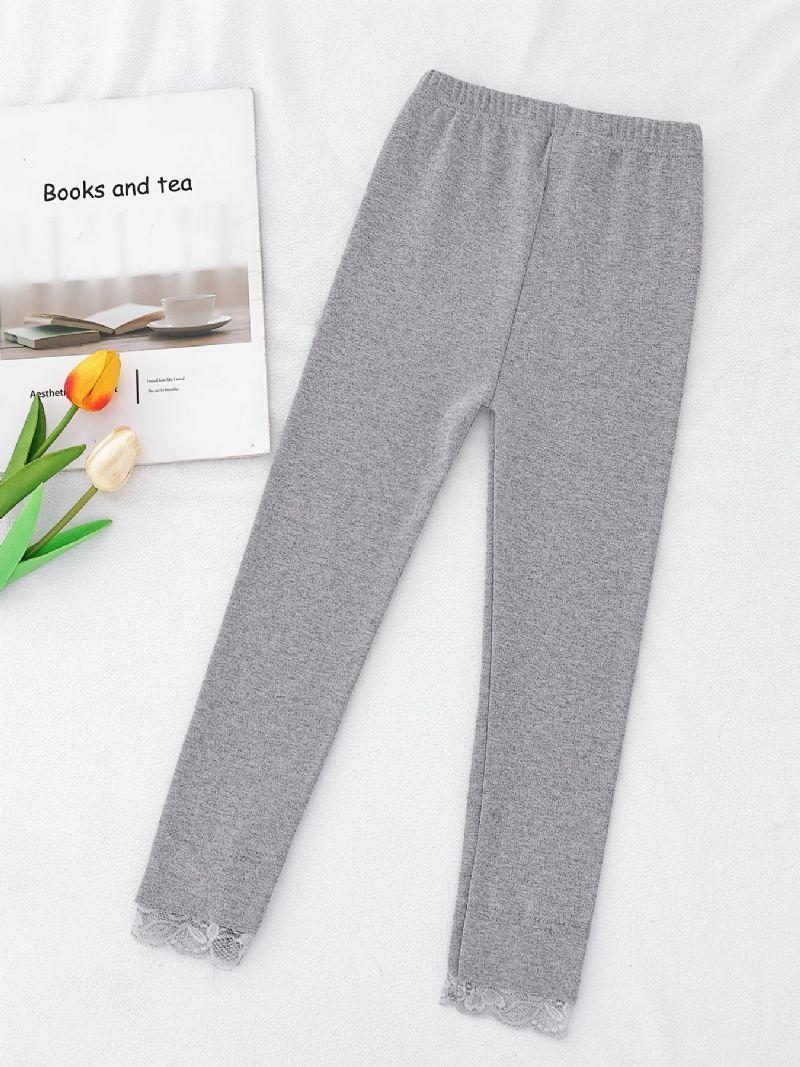 Piger Bomuld Ensfarvede Leggings Bukser Med Blonder Trim Bowknot Børnetøj