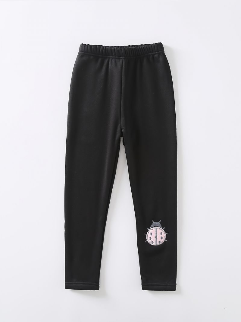 Piger High Stretch Bløde Leggings Beetle Broderi Varme Fleece Forede Bukser Vinter Børnetøj