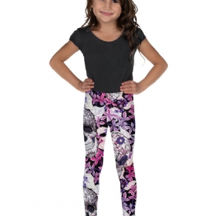 Piger High Stretch Bløde Leggings Mix Pink Violet Flower Skulls Print