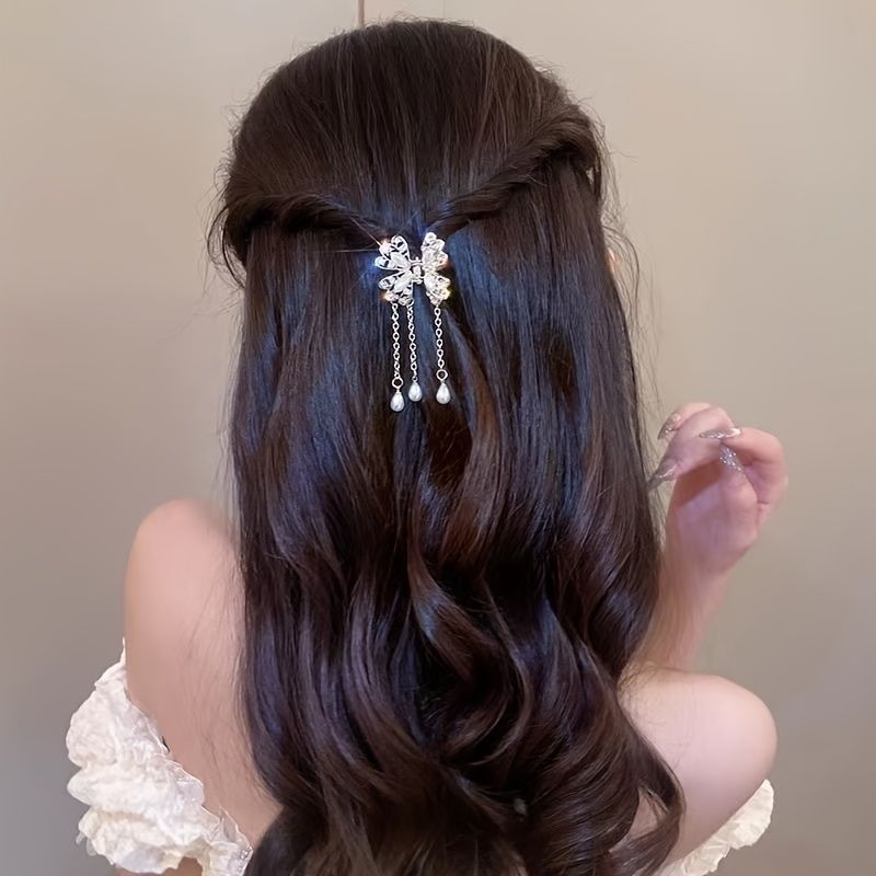 Dainty Rhinestones Butterfly Tassel Hår Klo Clip Sparkly Bow Hårspænde Til Kvinder Piger
