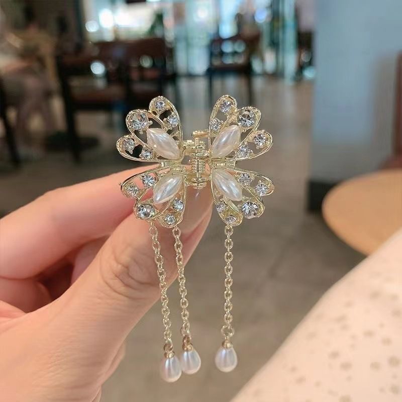 Dainty Rhinestones Butterfly Tassel Hår Klo Clip Sparkly Bow Hårspænde Til Kvinder Piger