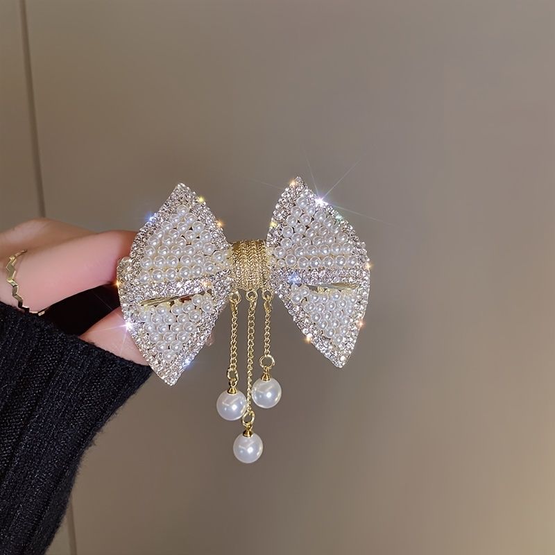 Elegante Små Hårspænder Kvast Design Spring Clip Til Kvinder Piger Generøs Pearl Rhinestone Hårnåle Hårtilbehør