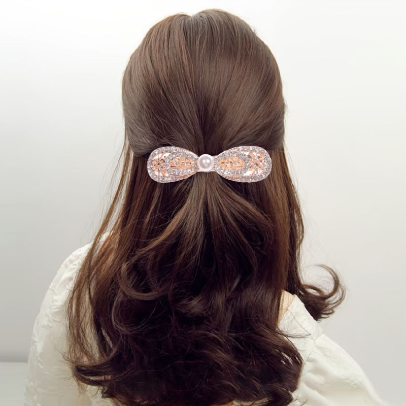 Krystal Bowknot Blomst Hår Klo Clip Fransk Hår Mode Rhinestone Hår Barrettes Forår Brude Bryllup Hårnål Smykker Tilbehør Til Kvinder Piger Golden