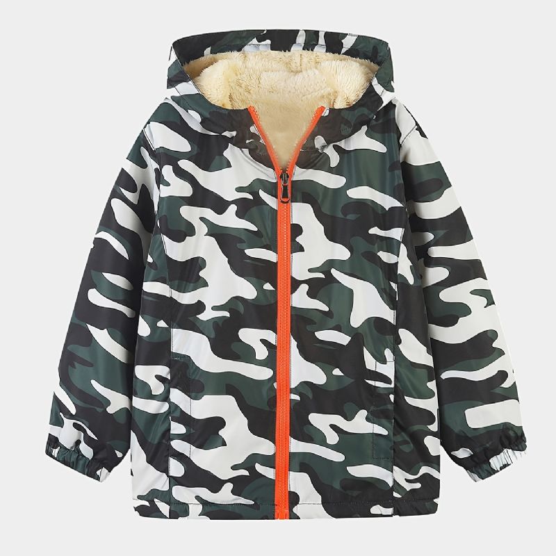 1 Stk Drenge Casual Camouflage Print Lynlås Hættejakke Cardigan Krave Fleece Termojakke Til Vinter