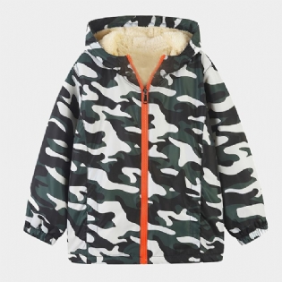 1 Stk Drenge Casual Camouflage Print Lynlås Hættejakke Cardigan Krave Fleece Termojakke Til Vinter