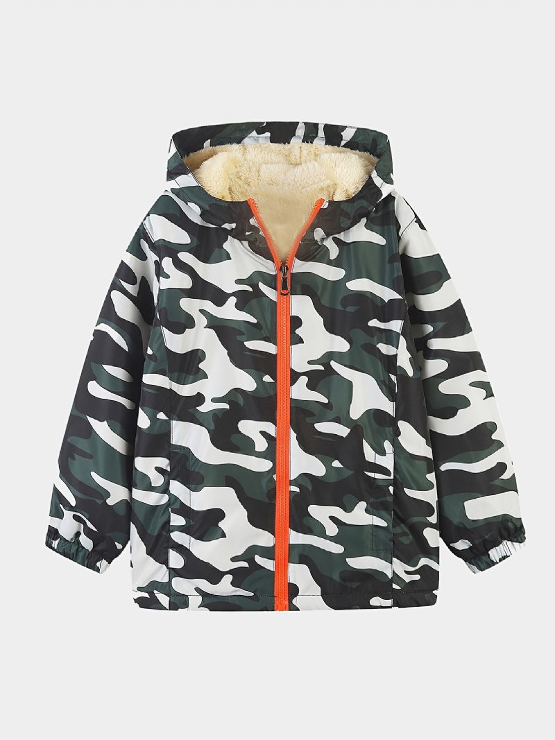 1 Stk Drenge Casual Camouflage Print Lynlås Hættejakke Cardigan Krave Fleece Termojakke Til Vinter