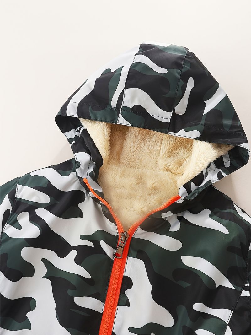 1 Stk Drenge Casual Camouflage Print Lynlås Hættejakke Cardigan Krave Fleece Termojakke Til Vinter