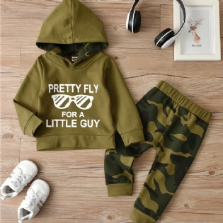 2 Stk Baby Drenge Brevtryk Hættetrøje Langærmet Sweatshirt & Camouflage Bukse Sæt Børnetøj