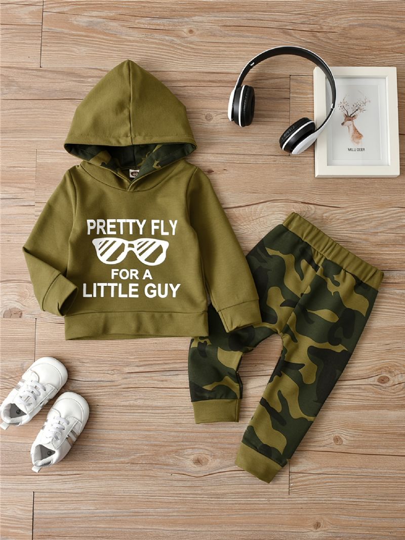 2 Stk Baby Drenge Brevtryk Hættetrøje Langærmet Sweatshirt & Camouflage Bukse Sæt Børnetøj