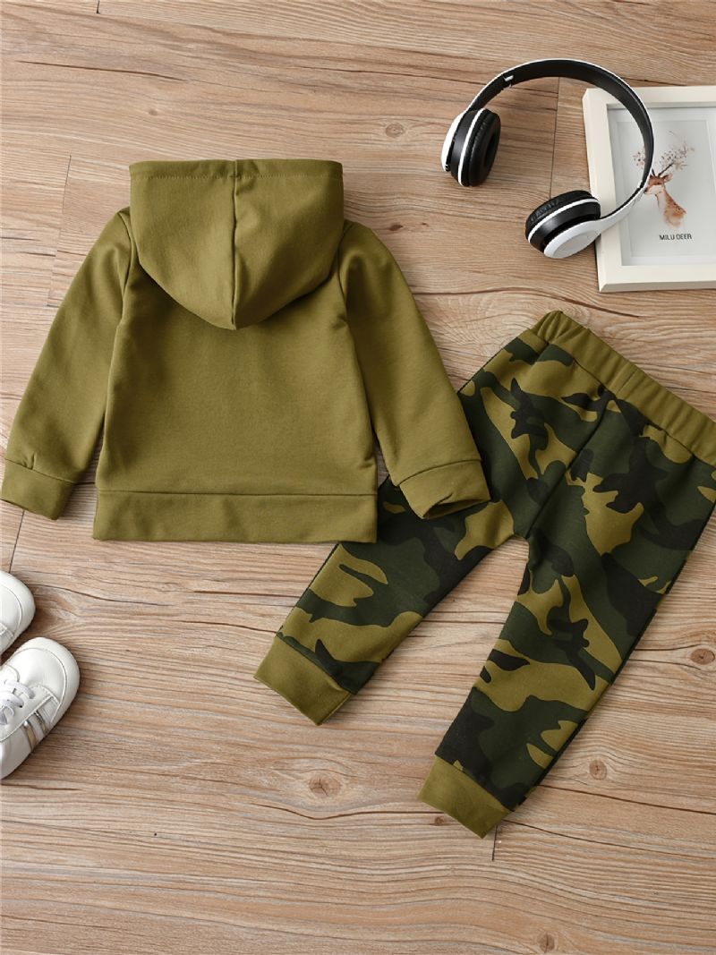 2 Stk Baby Drenge Brevtryk Hættetrøje Langærmet Sweatshirt & Camouflage Bukse Sæt Børnetøj
