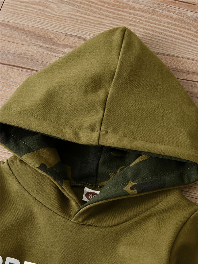 2 Stk Baby Drenge Brevtryk Hættetrøje Langærmet Sweatshirt & Camouflage Bukse Sæt Børnetøj