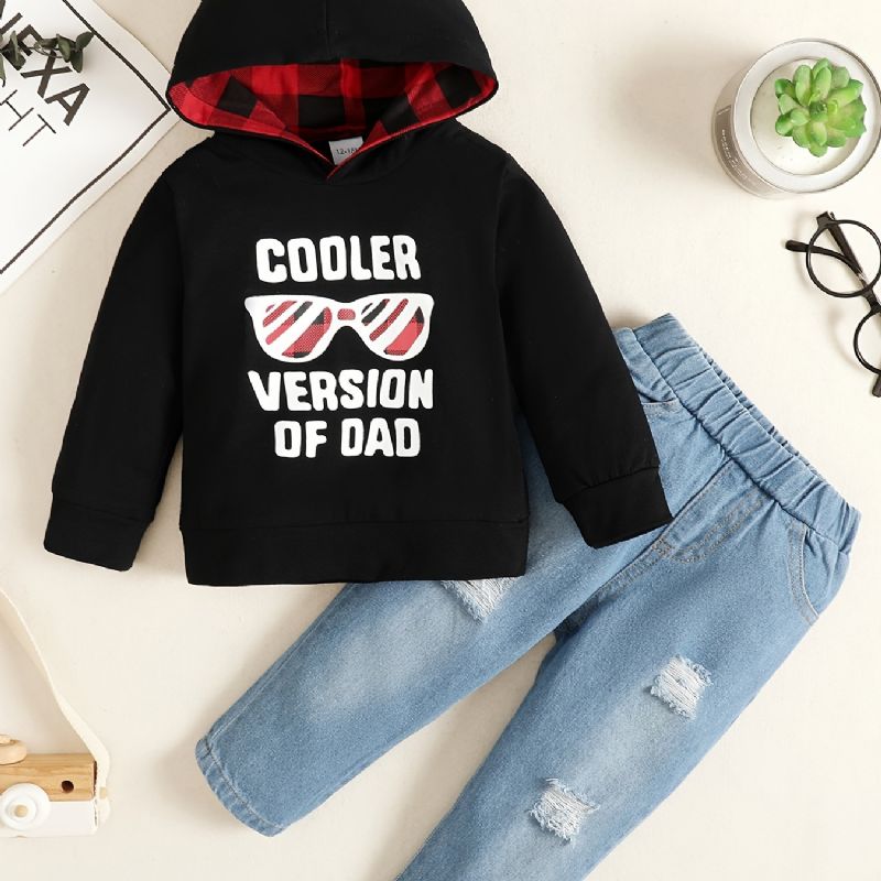 2 Stk Baby Drenge Hættetrøje Brevbriller Print Rundhalset Sweatshirt & Ripped Denim Bukser Sæt Børnetøj