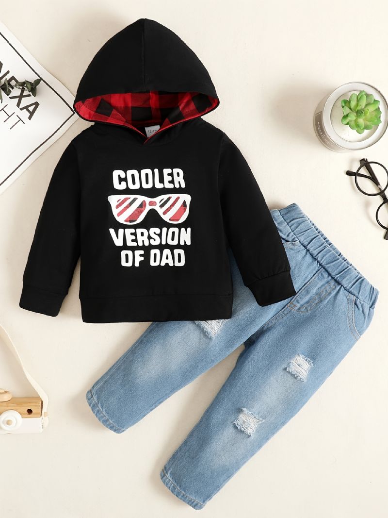 2 Stk Baby Drenge Hættetrøje Brevbriller Print Rundhalset Sweatshirt & Ripped Denim Bukser Sæt Børnetøj