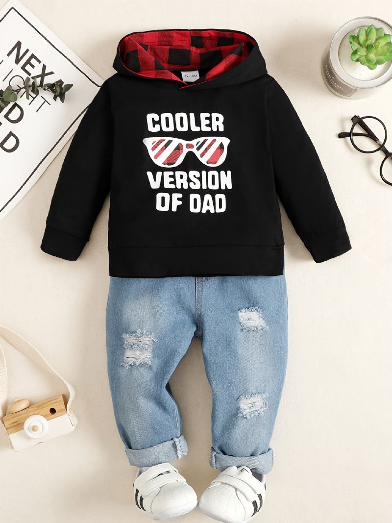 2 Stk Baby Drenge Hættetrøje Brevbriller Print Rundhalset Sweatshirt & Ripped Denim Bukser Sæt Børnetøj