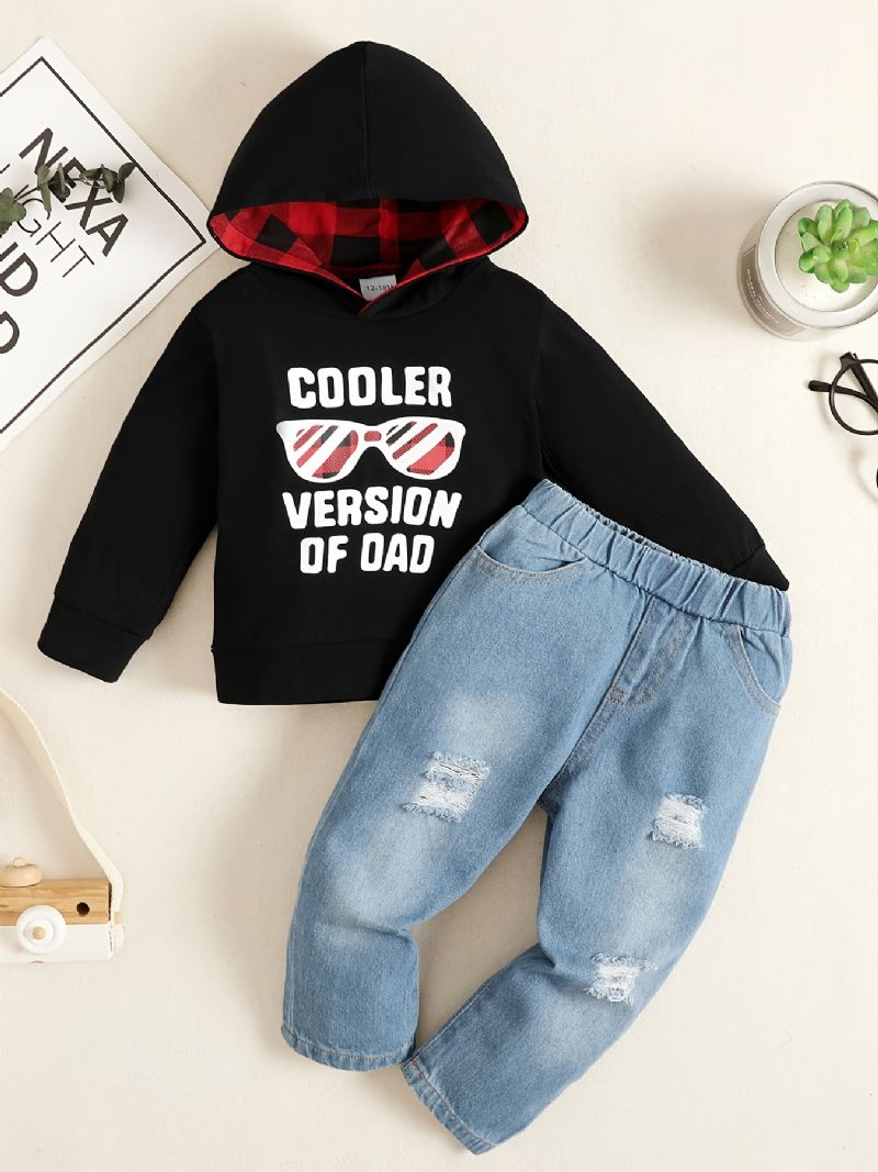 2 Stk Baby Drenge Hættetrøje Brevbriller Print Rundhalset Sweatshirt & Ripped Denim Bukser Sæt Børnetøj