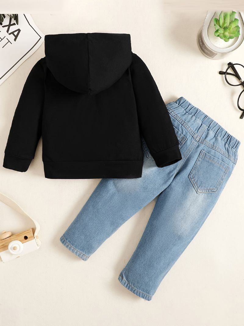 2 Stk Baby Drenge Hættetrøje Brevbriller Print Rundhalset Sweatshirt & Ripped Denim Bukser Sæt Børnetøj