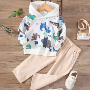 2 Stk Baby Drenge Hættetrøje Dinosaur Print Langærmet Pullover Sweatshirt & Buksesæt Børnetøj