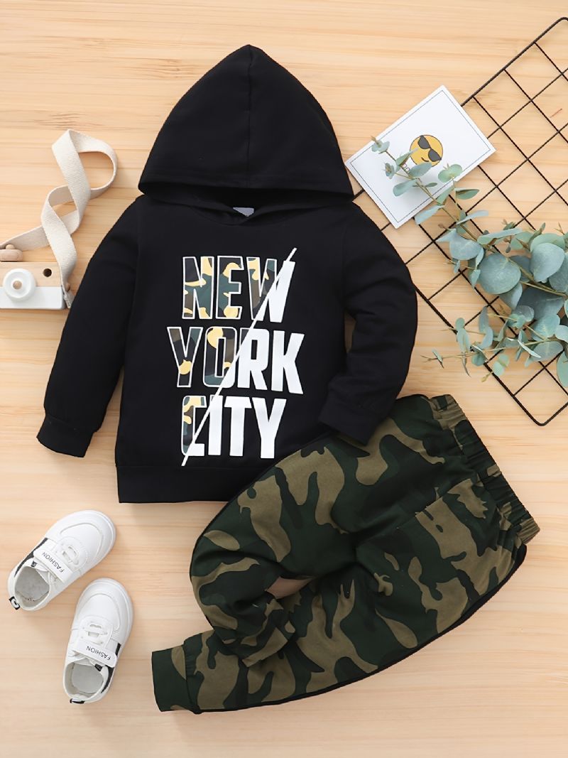 2 Stk Baby Drenge Letter Print Hoodie Langærmet Sweatshirt & Camouflage Buks Set