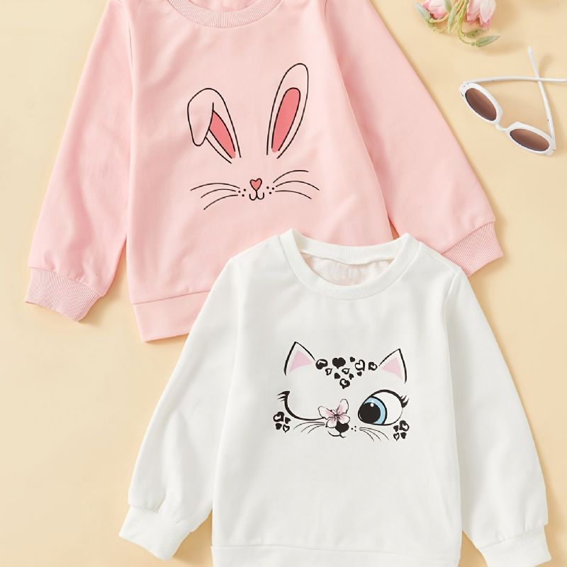 2 Stk Baby Piger Sød Kat Print Pullover Rundhals Langærmet Sweatshirt Børnetøj