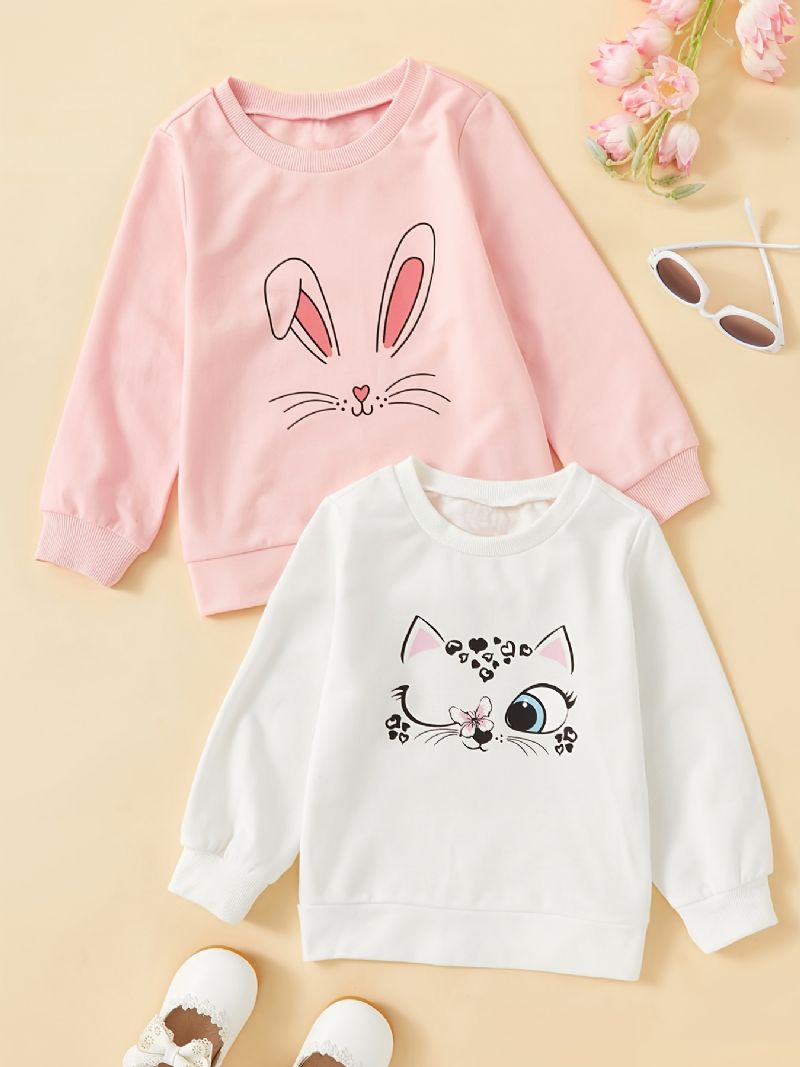 2 Stk Baby Piger Sød Kat Print Pullover Rundhals Langærmet Sweatshirt Børnetøj