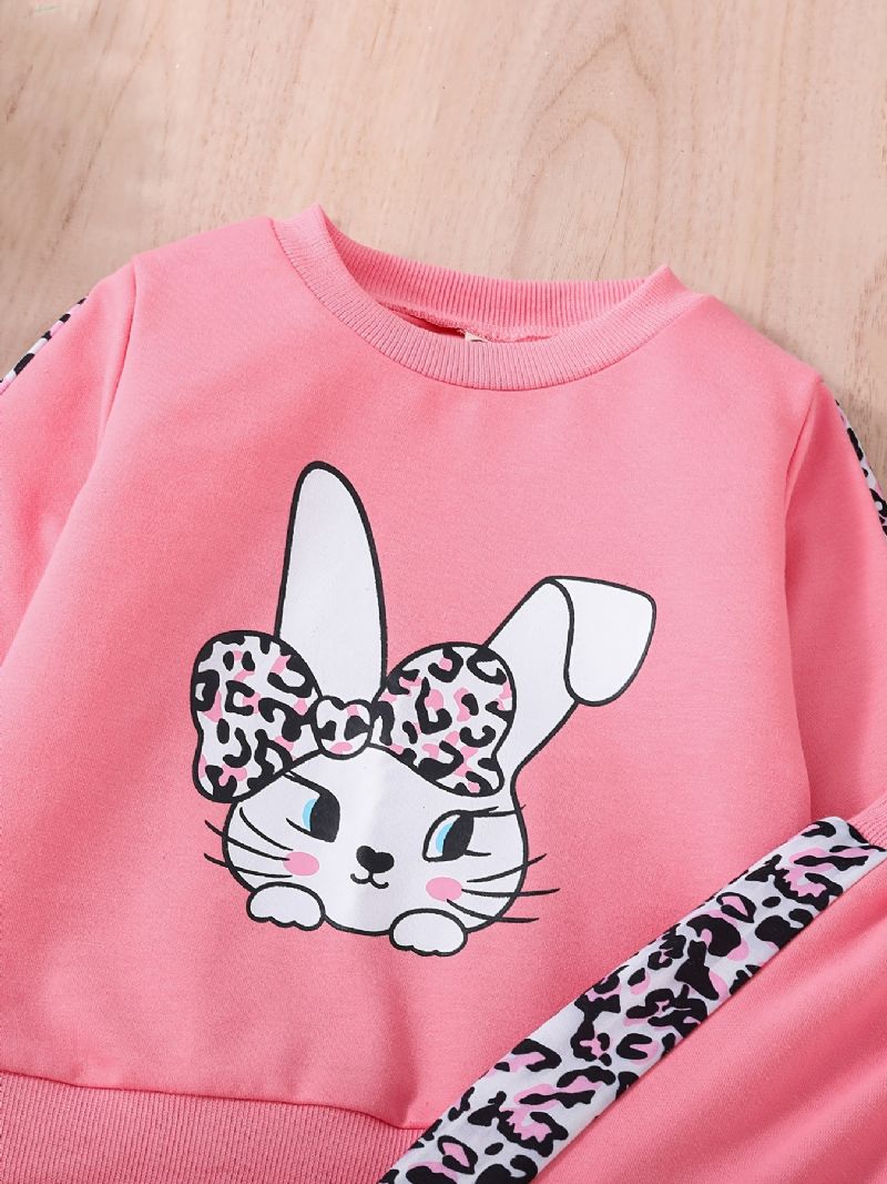 2 Stk Babypiger Tegnefilm Kaninsplejsning Leopardpullover Rundhalset Langærmet Sweatshirt Og Buksesæt Børnetøj