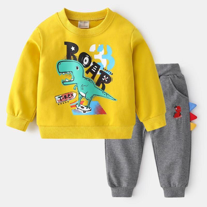 2 Stk Drenge Casual Cartoon Dinosaur Letter Print Termisk Sweatshirt & Sweatpants Til Vinter