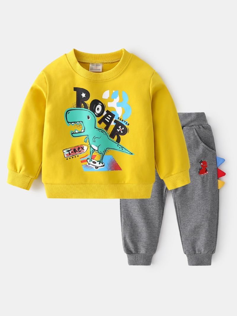 2 Stk Drenge Casual Cartoon Dinosaur Letter Print Termisk Sweatshirt & Sweatpants Til Vinter