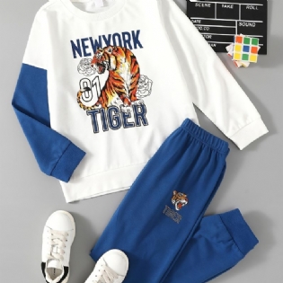 2 Stk Drenge Casual Tiger Print Pullover Sweatshirt & Sweatpants Til Vinter