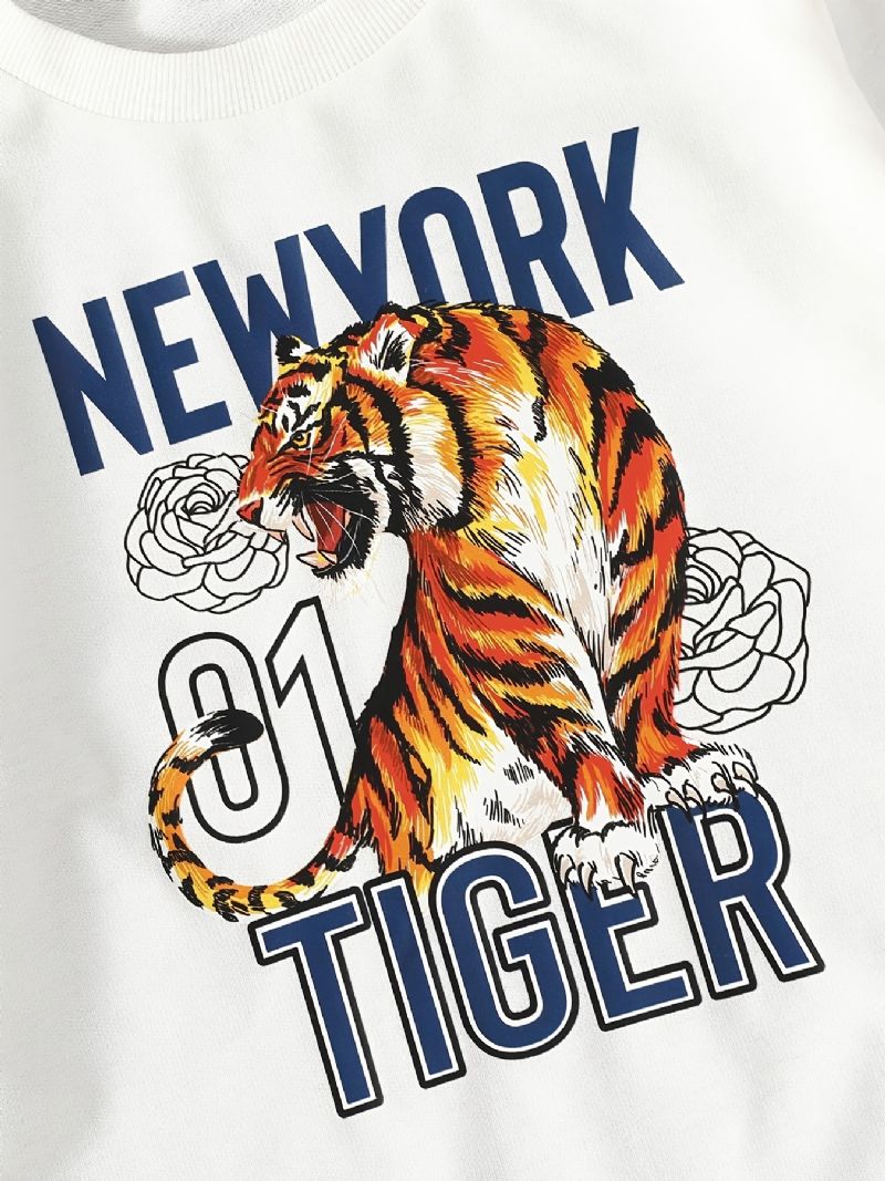 2 Stk Drenge Casual Tiger Print Pullover Sweatshirt & Sweatpants Til Vinter