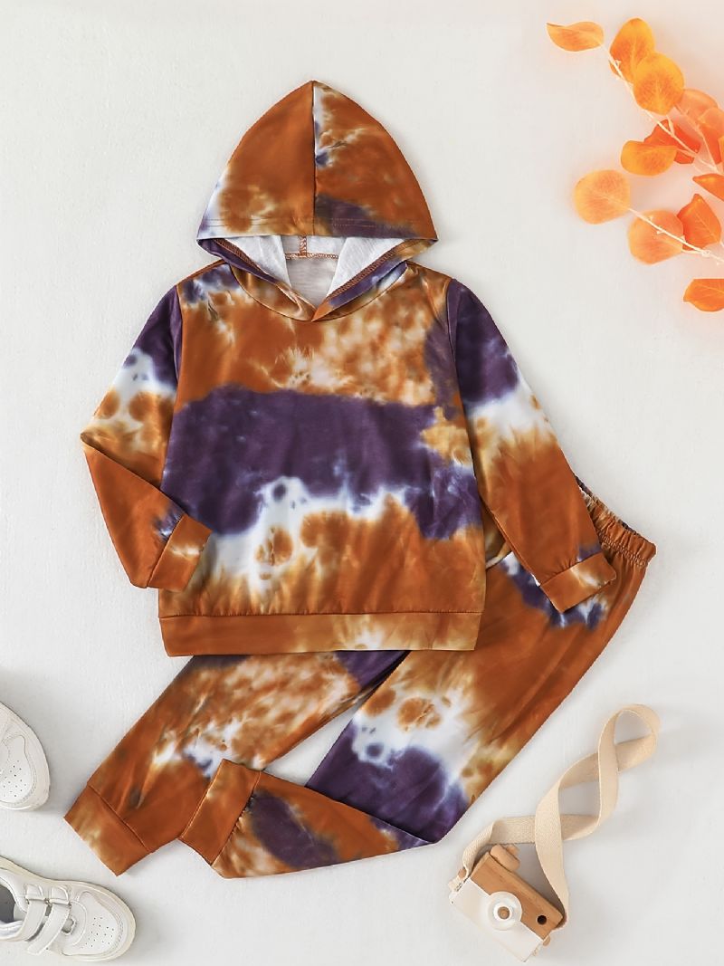 2 Stk Drenge Moderigtigt Langærmet Tie Dye Hættetrøje Top Elastiske Taljebukser Sæt Tøj