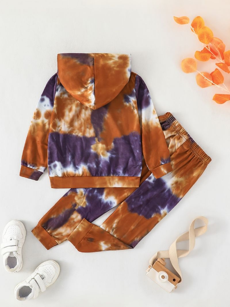 2 Stk Drenge Moderigtigt Langærmet Tie Dye Hættetrøje Top Elastiske Taljebukser Sæt Tøj